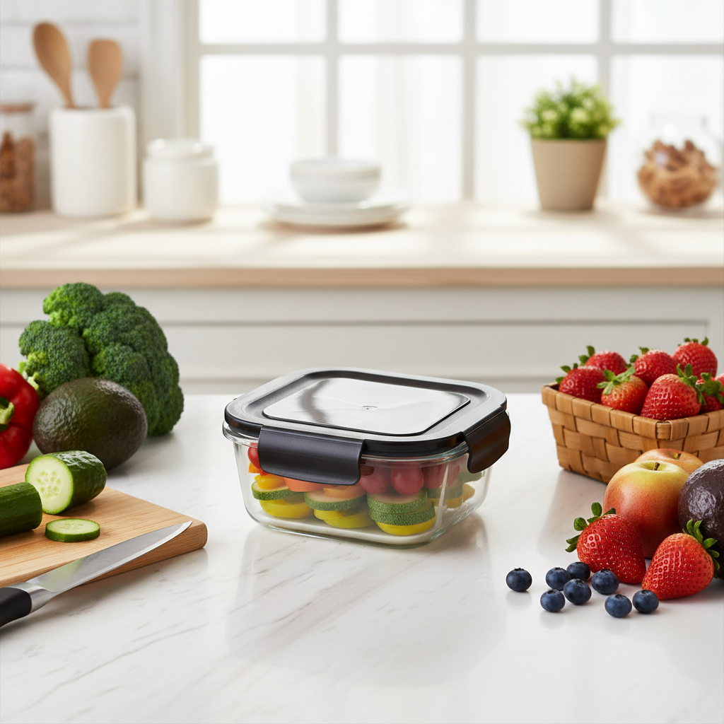 Spanis Home Glass Lunch Box with Black Plastic Clip Lock Lid — 800ml