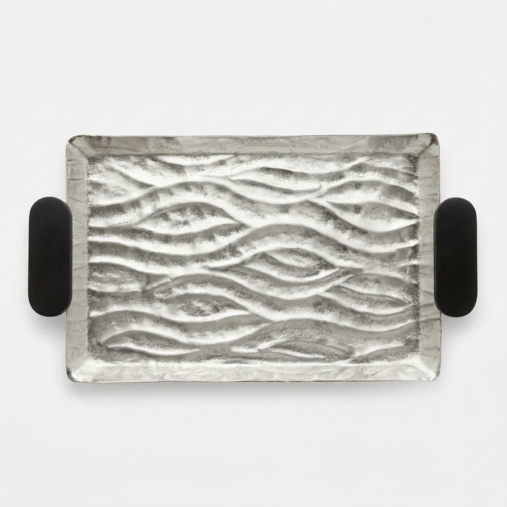 Luhpar Wave Textured Aluminium Rectangular Tray with Black Wooden Handles - 46 × 31 cm - 74893-B