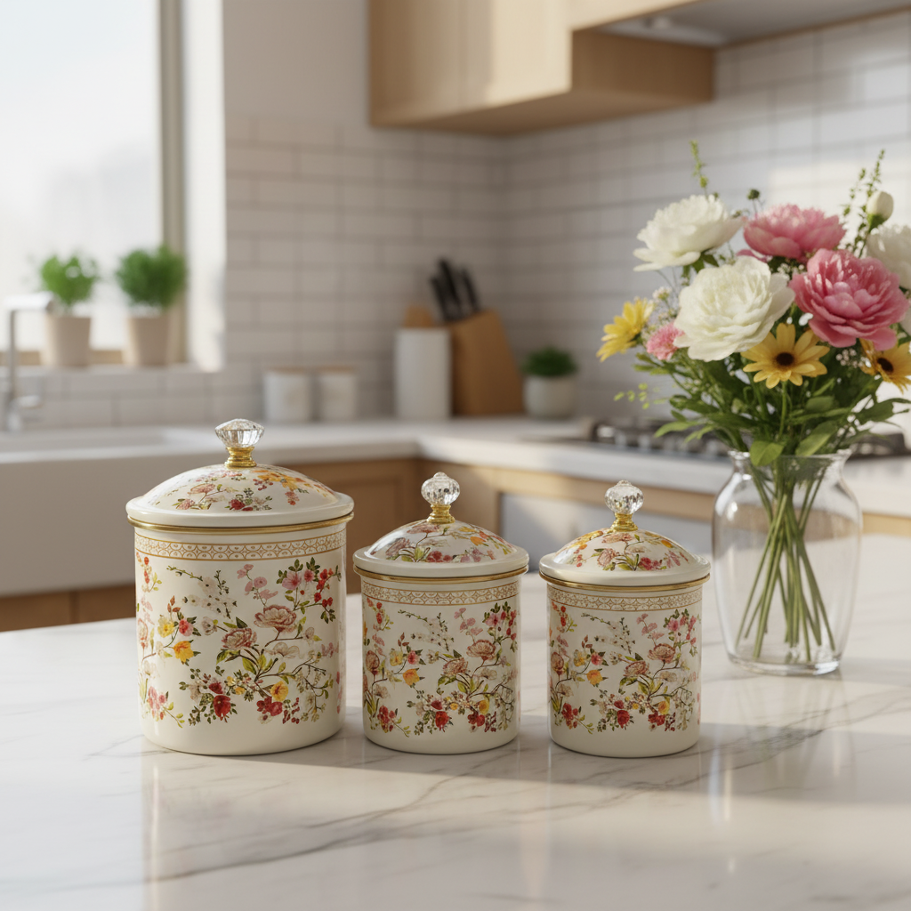 Cream Floral Enamel Canister With Lid Set of 3 - 11cm / 13 cm / 15cm
