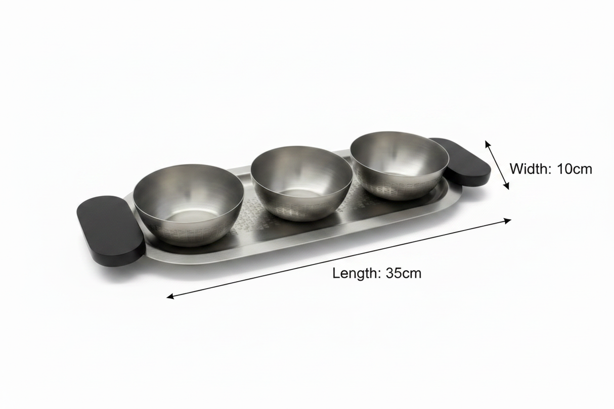 Luhpar Brushed Silver Stainless Steel Serving Tray with 3 Bowls & Black Wooden Handles - 35×15×10 cm