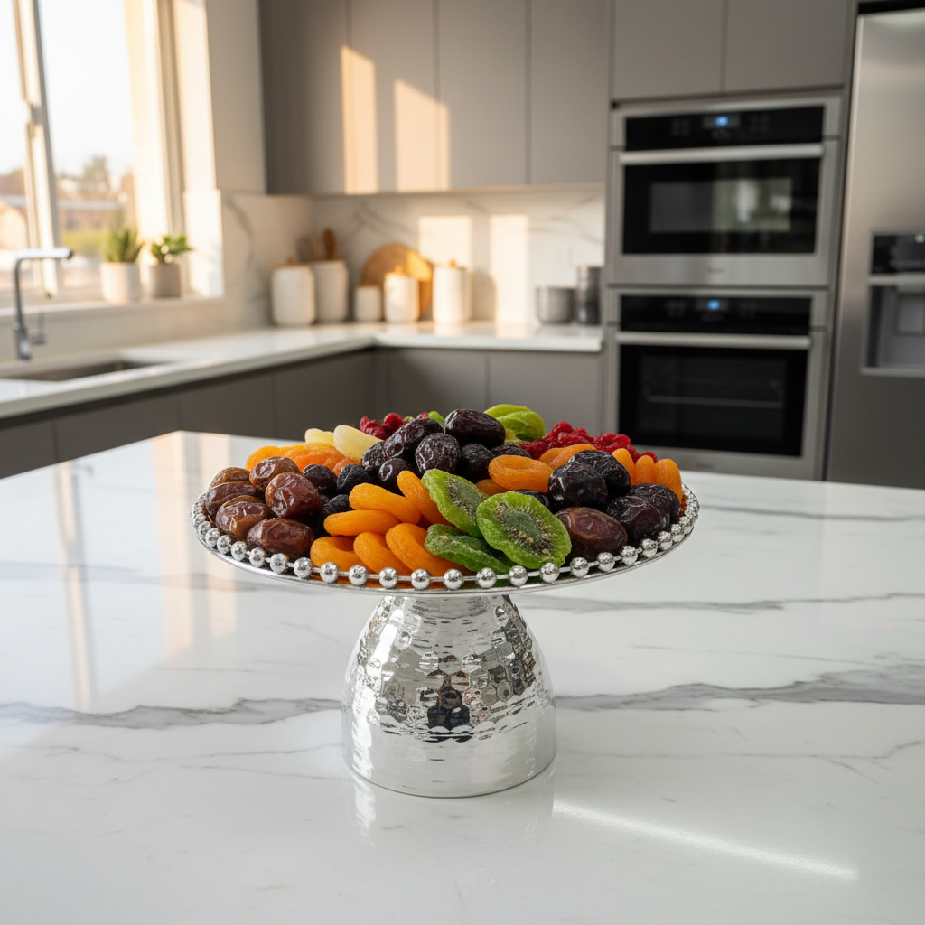 Silver Metal Footed Round Candy Tray | Hammered Finish with Beaded Edge | Elegant Serving Pedestal Stand |