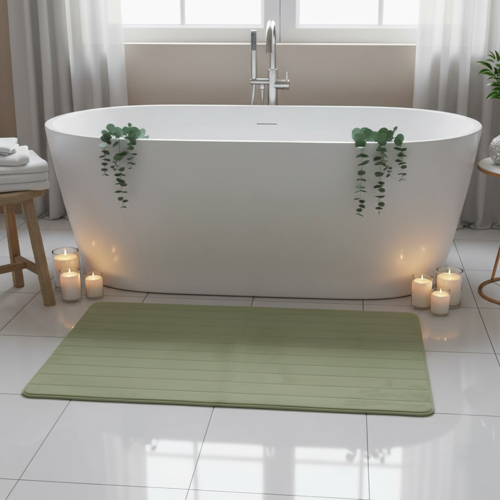 Sage Green Memory Foam Floor Mat | Striped Texture | Extra Large 100×150 cm | Non-Slip Bath & Bedroom Rug