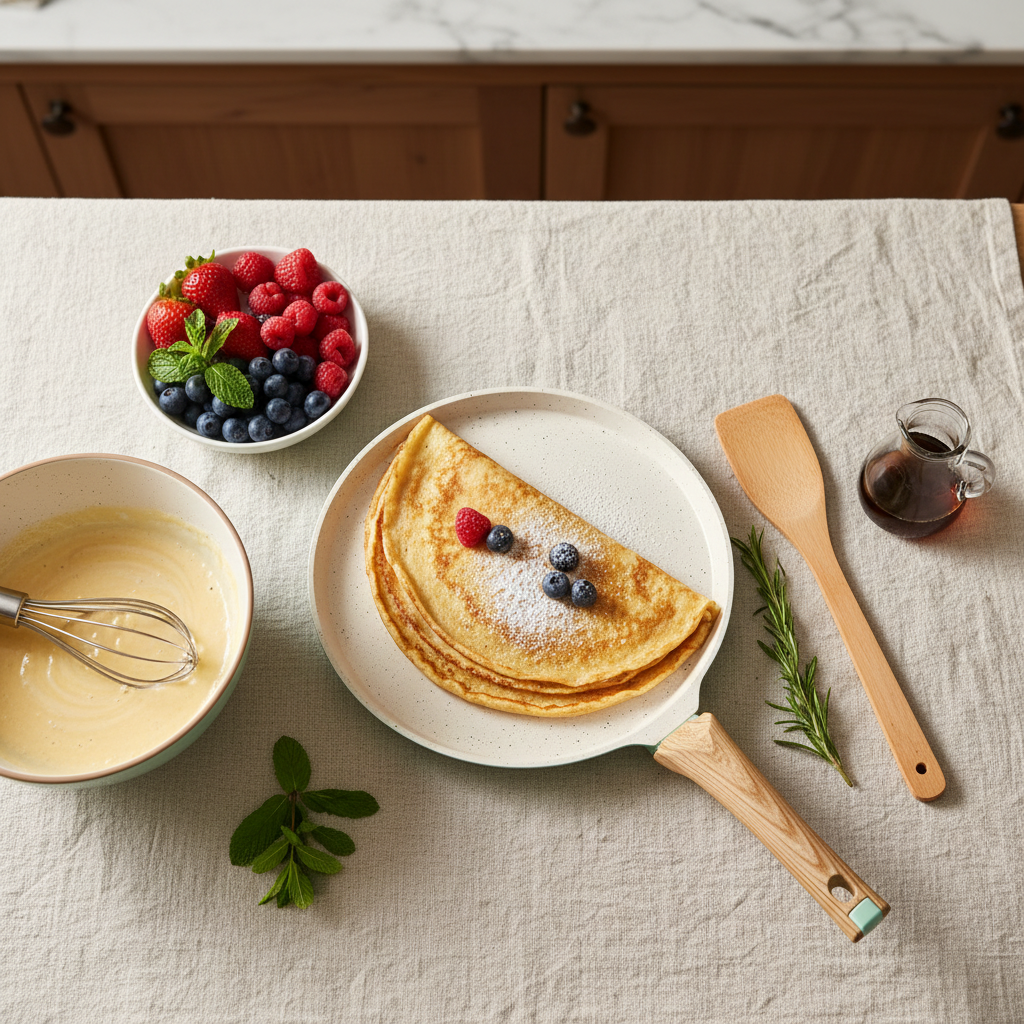 Nautilus Forged Aluminium Crepe Pan 24cm – Cream & Sage Green | Non-Stick | Wooden Handle