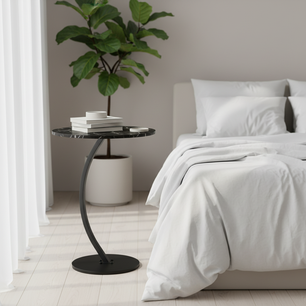 Black Wooden & Metal Bedside C-Table - 60×40 cm