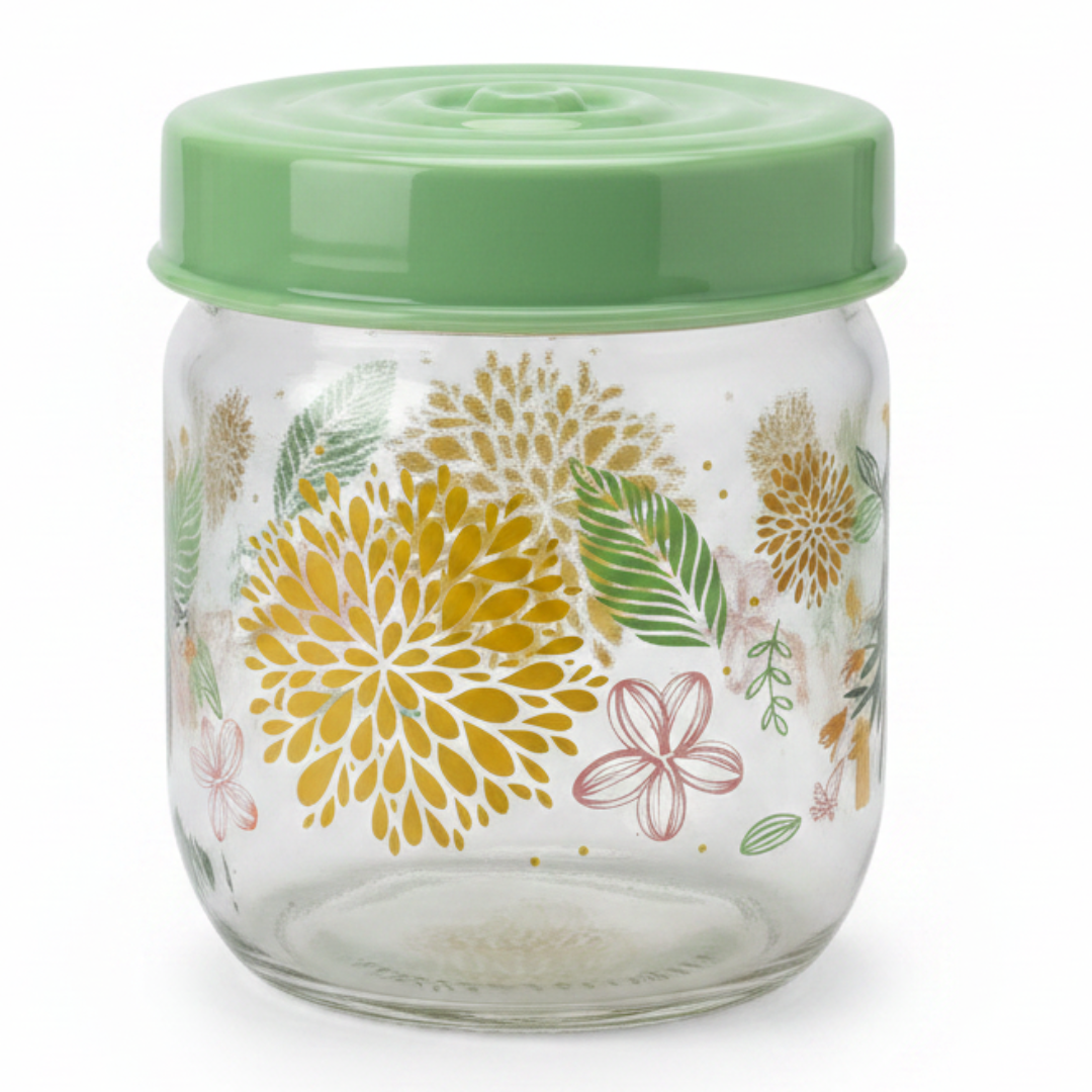 Glass Storage Jar with Mint Green Lid | Floral Print Kitchen Canister | 425ml |