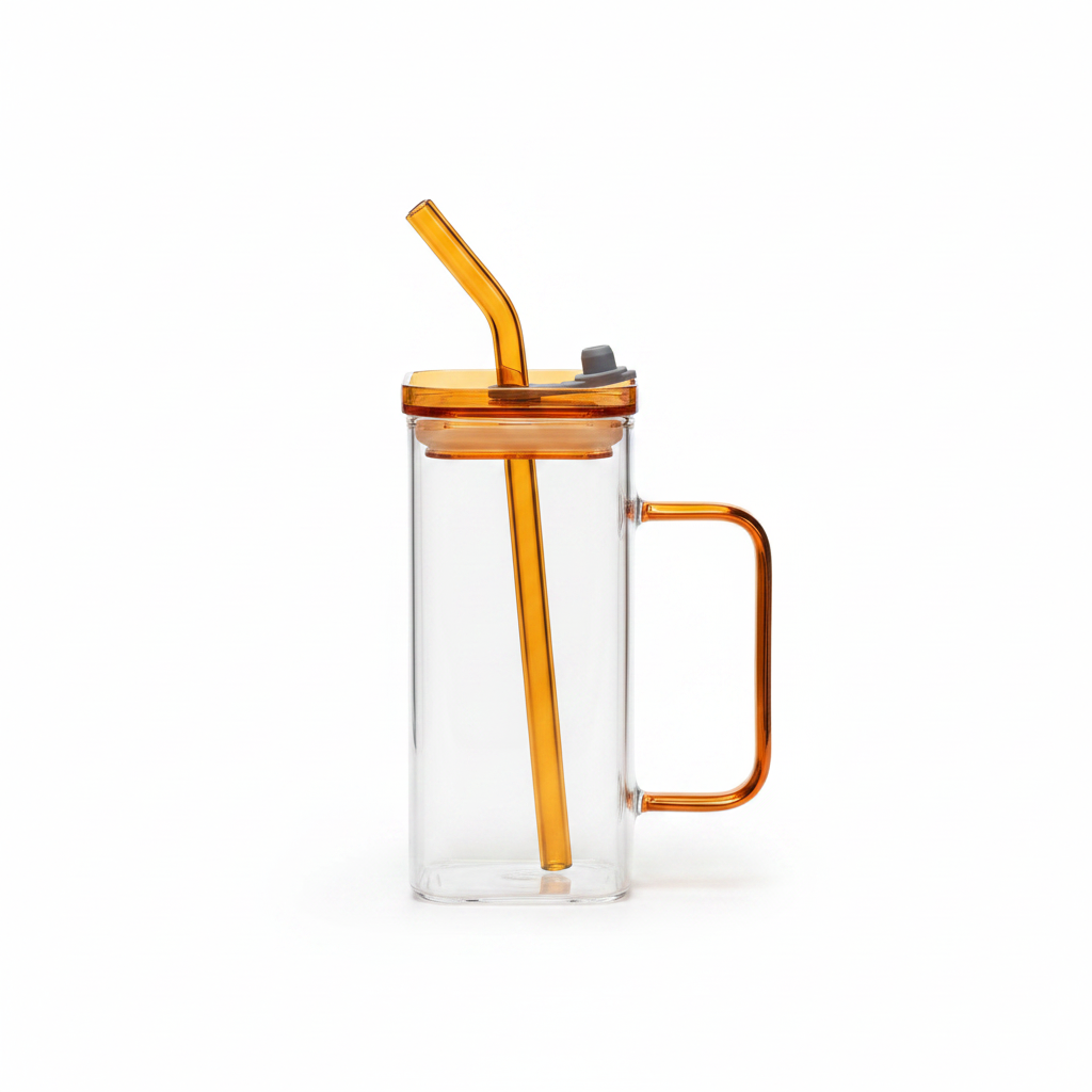 Yuniverse Square Glass Juice Mug with Straw — 400ml