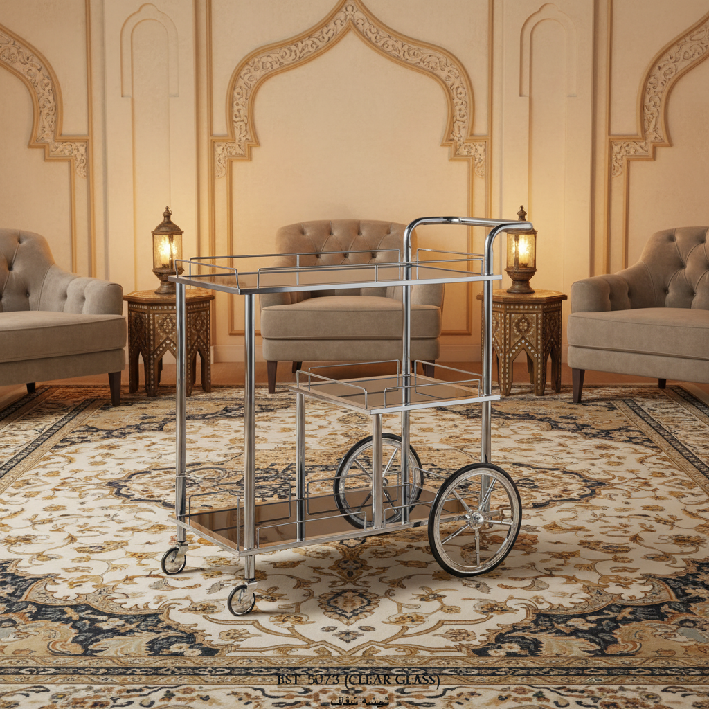 MayFlower 3-Tier Silver Chrome Metal & Clear Glass Serving Trolley Bar Cart | Rolling Hospitality Cart with Spoked Wheels | 77cm × 75cm × 40cm |