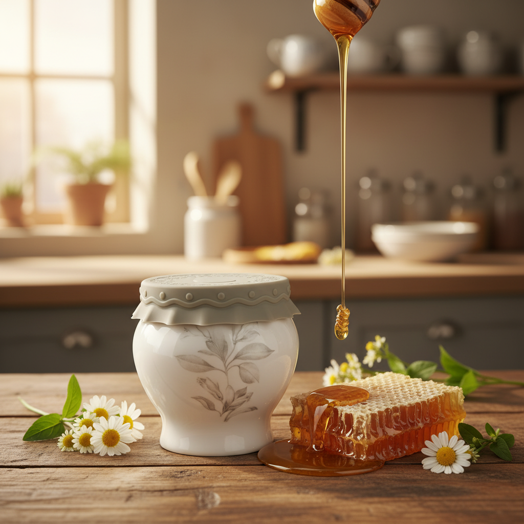 Solecasa White Ceramic Honey Jar with Floral Design & Grey Silicone Lid | 300ml