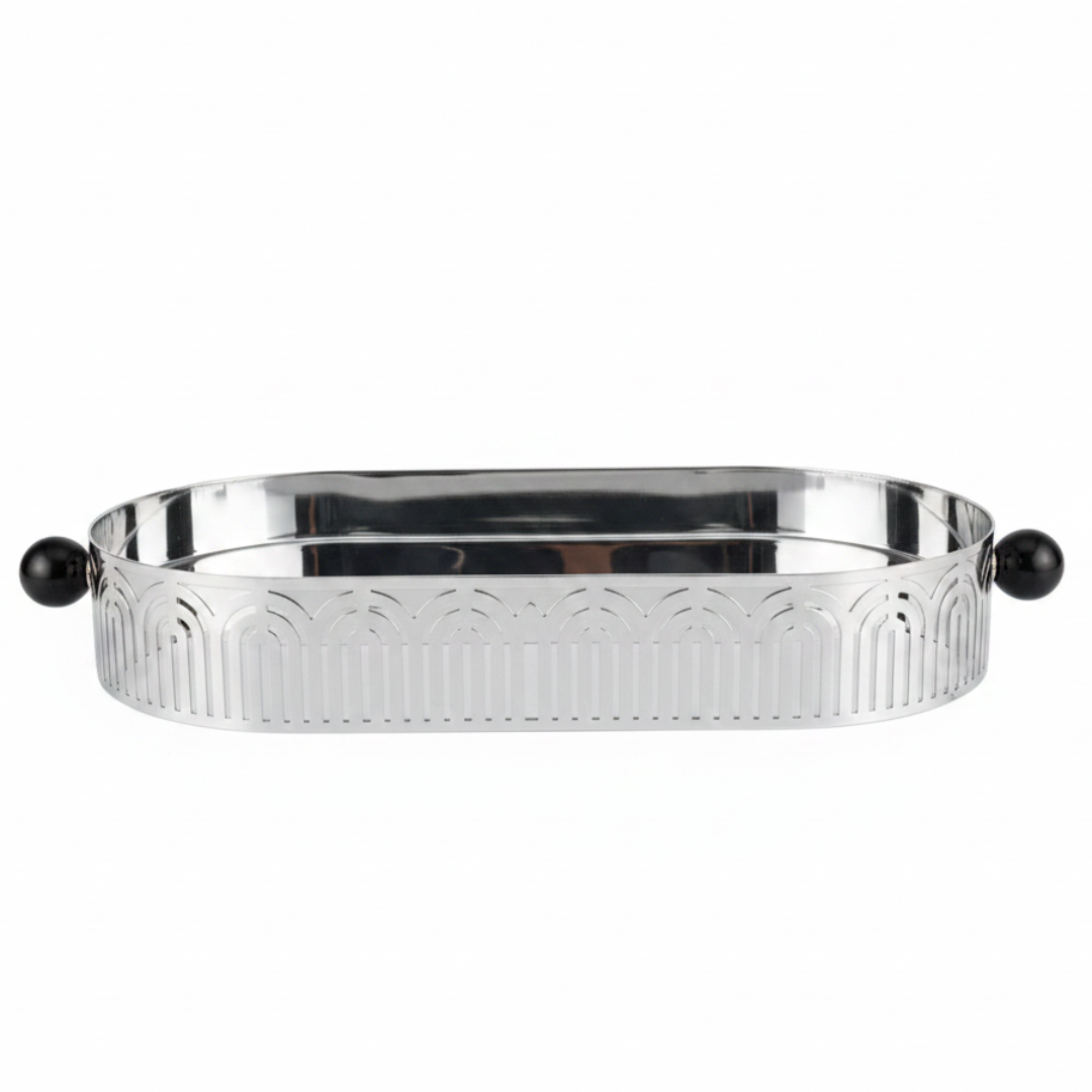 Silver Metal Oval Candy & Serving Tray with Elegant Black Handles | Ornate Arch Cutout Design | 30×15cm |