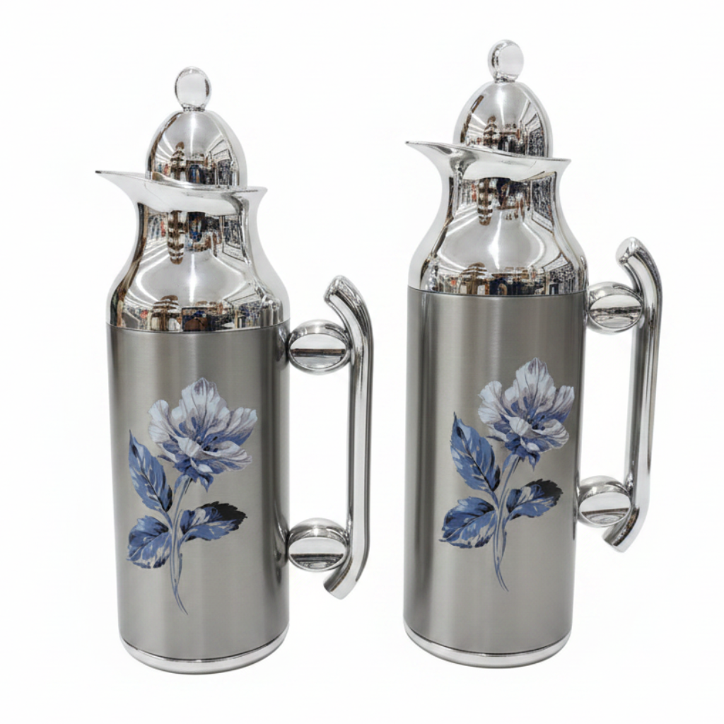 Mahra Vacuum Flask Set | 1L + 0.7L | Silver Floral Edition