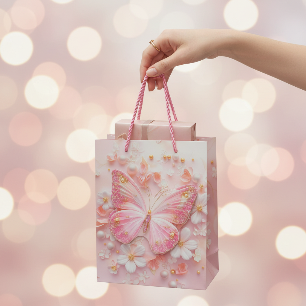 Pink Butterfly Paper Gift Bag - 23×18 cm