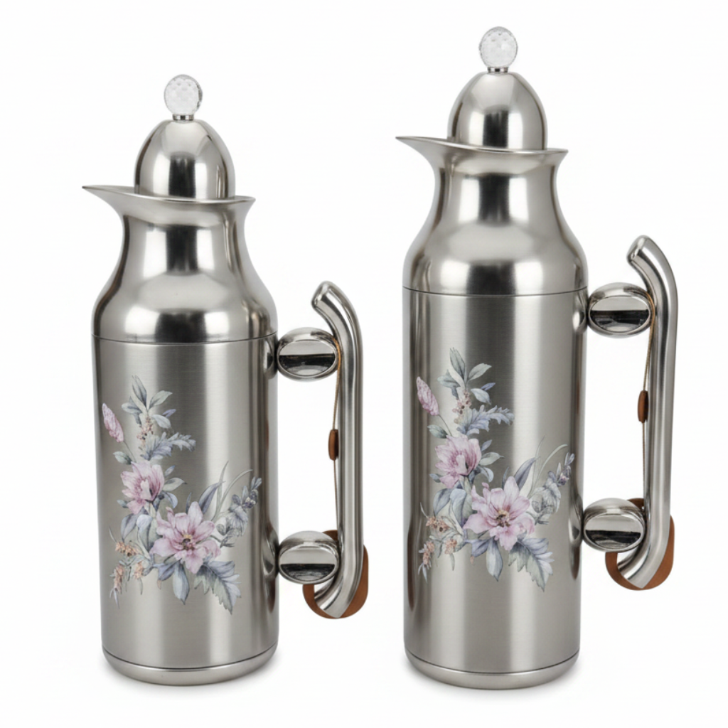 Mahra Vacuum Flask Set – 1L & 0.7L | Nickel with Shiny Silver Floral