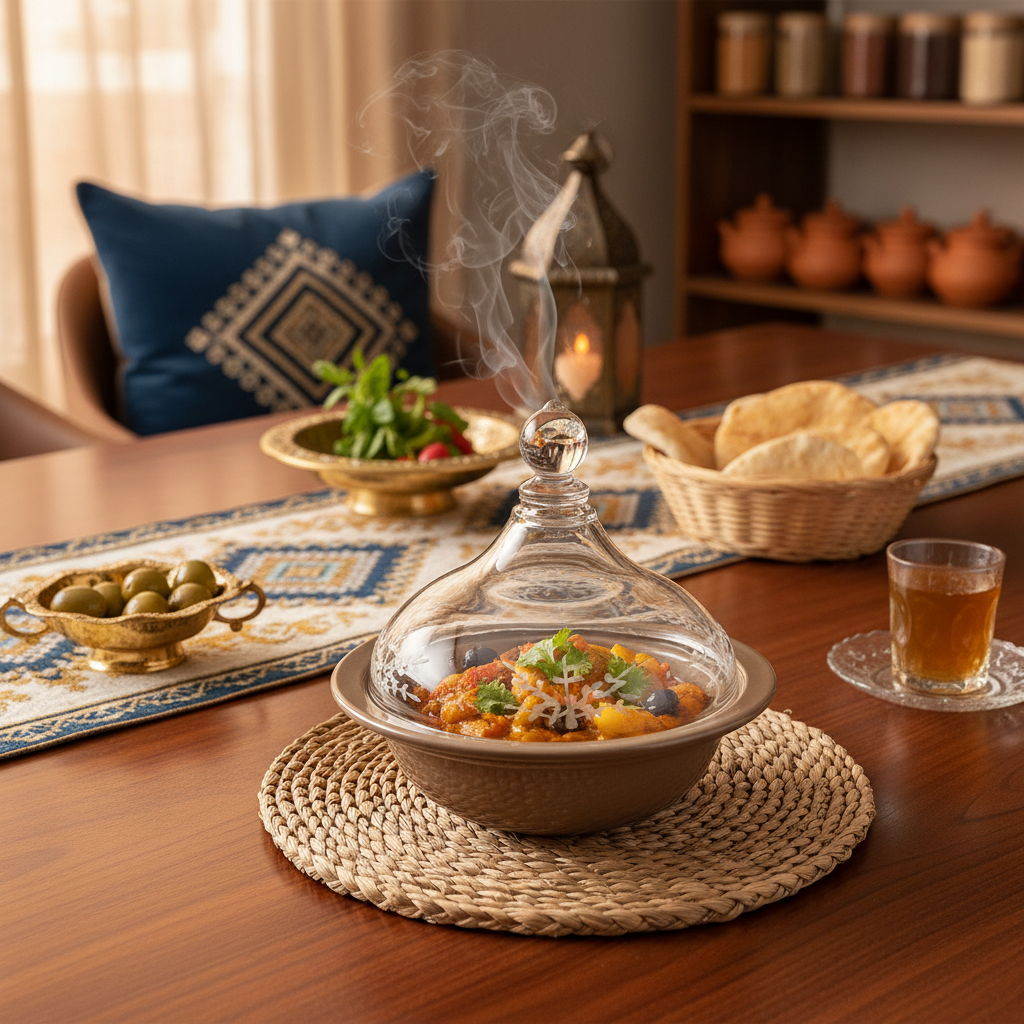 Ameco Modern Gray Ceramic Tajine Serving Dish with AcrylicLid – Decorative Moroccan Style Mini Tajine for Kitchen and Table Presentation – 14 × 12 cm