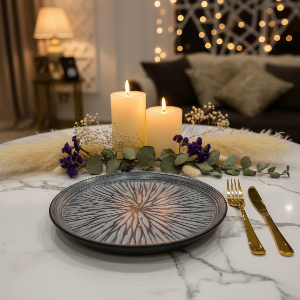 Grey & Black Elegant Ceramic Round Plate — 23cm | Starburst Radial Design