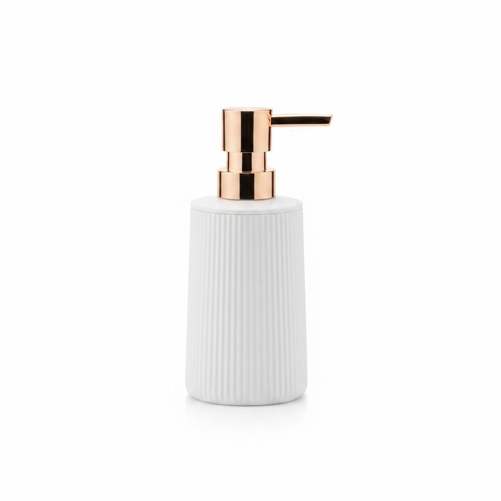 White Plastic Ribbed Soap Dispenser with Rose Gold Pump – 400ml