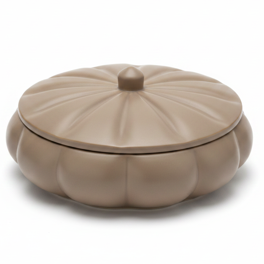 Hamid Ceramic Candy Box with Lid | Scalloped Petal Design | 10.25cm | Warm Brown