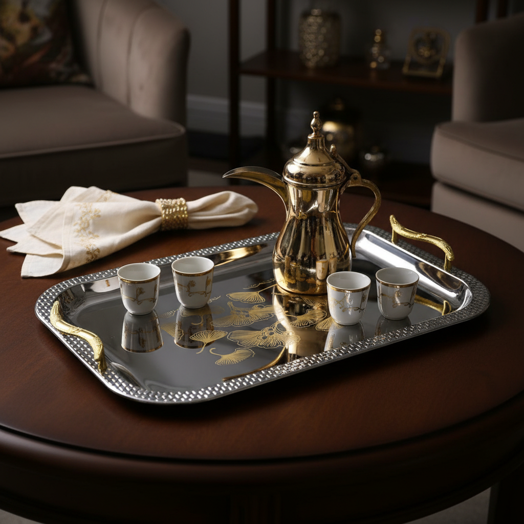 Maximan Luxury Silver & Gold Stainless Steel Serving Tray with Gold Bird Handles | 40×29 cm