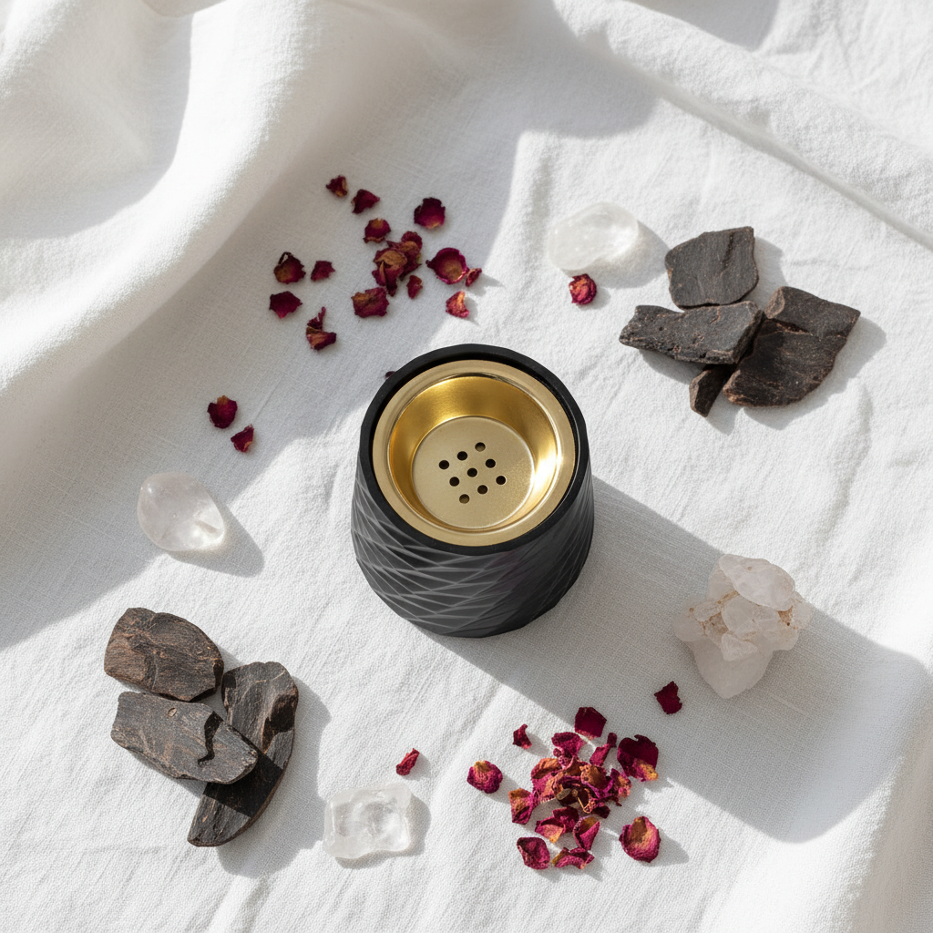 Black Elegant Geometric Ceramic Incense Burner with Gold Brass Interior | 10×7cm