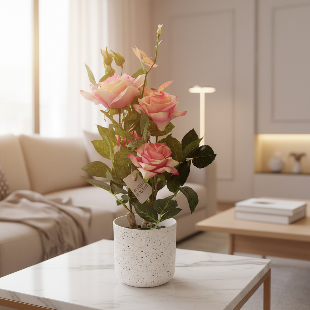 Marcolo Pink Artificial Rose Bonsai Plant with Plastic Pot - 40cm