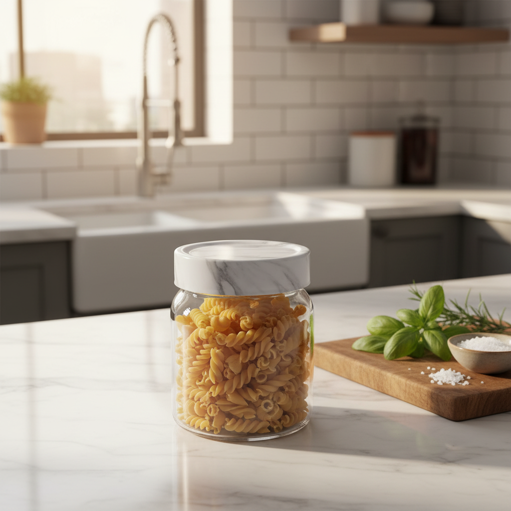 Glass Canister with Elegant Marble-Pattern Plastic Lid | 1 Litre Airtight Storage Jar for Kitchen, Pantry & Home Organisation
