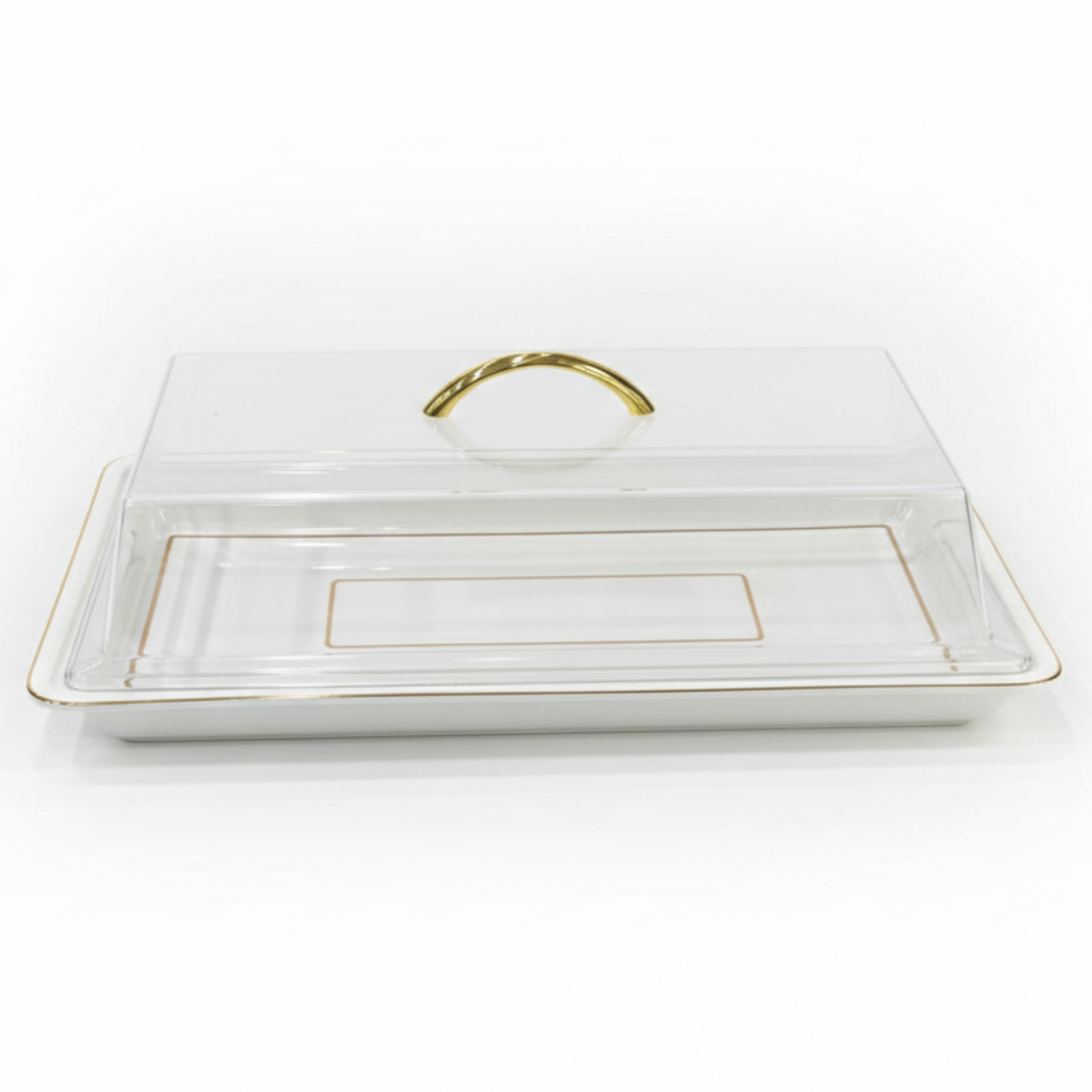 Christian Verucci Rectangle Off-White Ceramic Flat Plate with Clear Acrylic Cover & Handle – 19.25 Inch |