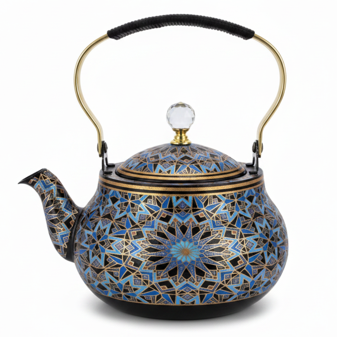 Blue & Black Enamel Metal Kettle with Islamic Geometric Mosaic Pattern, Crystal Lid Knob & Gold Handle | 1.5 Litre |