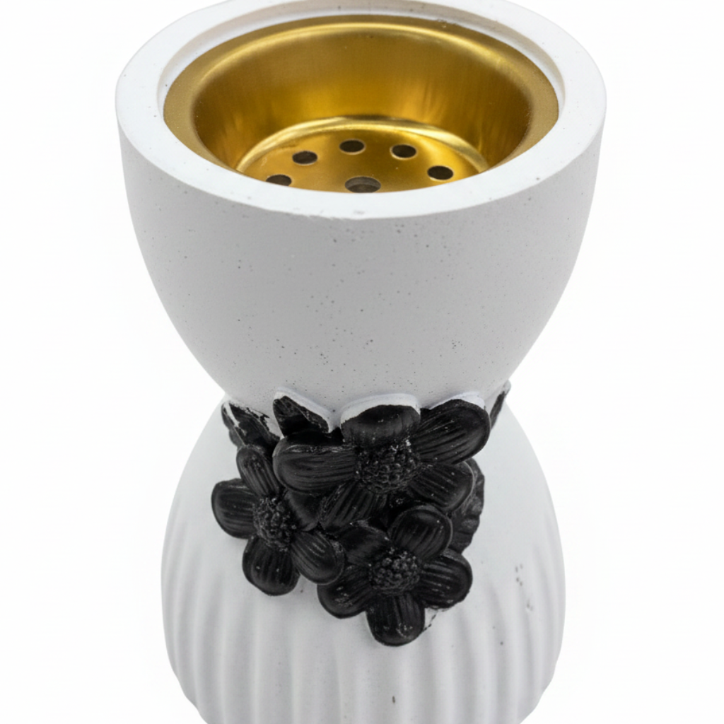 Chalk Incense Burner With Black Floral Accent- 10×6cm - White / Cream