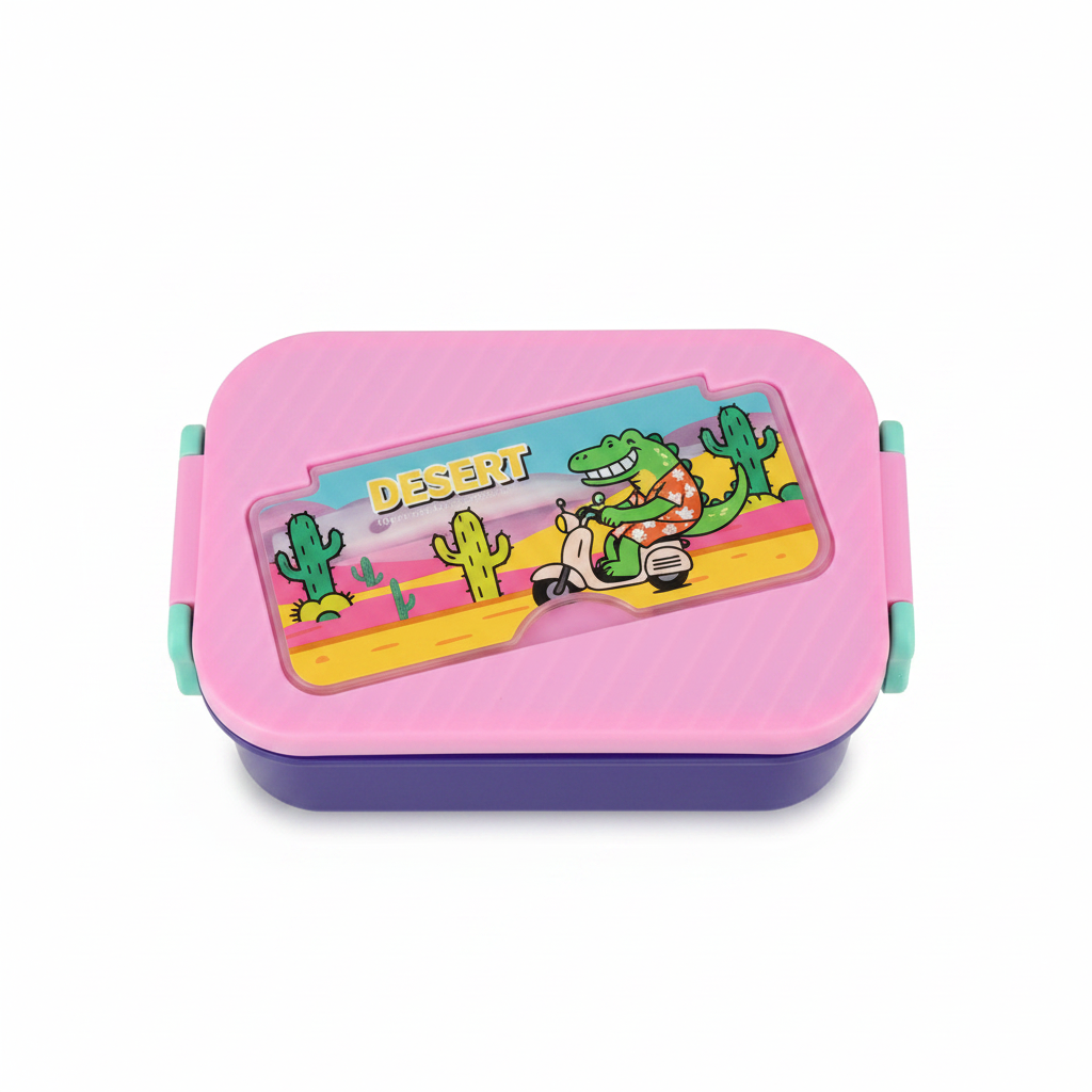 Purple & Pink Desert Adventure Kids Plastic Lunch Box with Spoon & Fork – 20×13 cm
