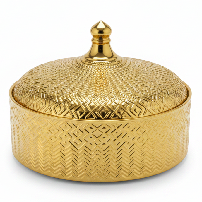 Luxury Ceramic Candy Bowl with Lid | Embossed Geometric Design | 23×7.5 cm | Gold & White,Silver & White |