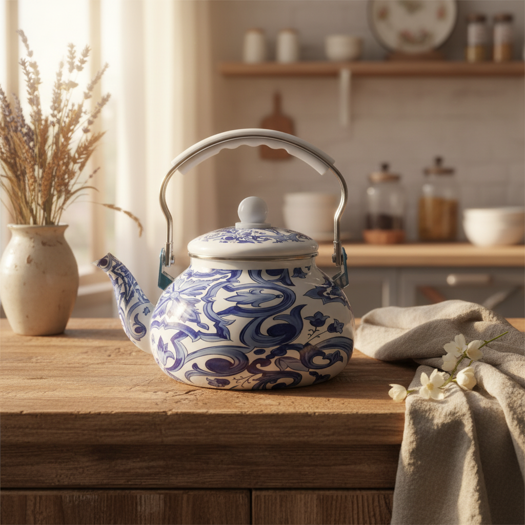 Venice Blue Enamel Kettle With Floral Arabesque Design - 2.5 Litre