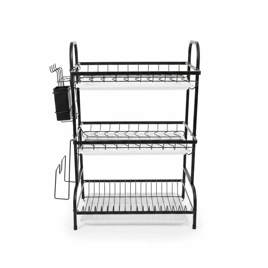 Black Metal & White Plastic 3-Tier Dish Drying Rack - 55×40×25 cm