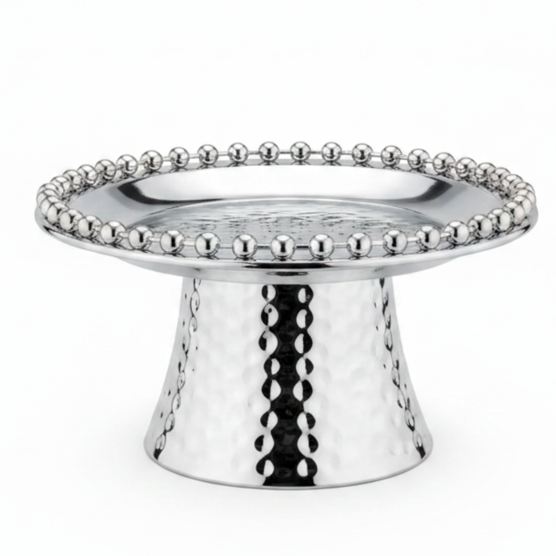 Silver Metal Footed Round Candy & Dates Tray with Beaded Rim | Hammered Pedestal Serving Dish |