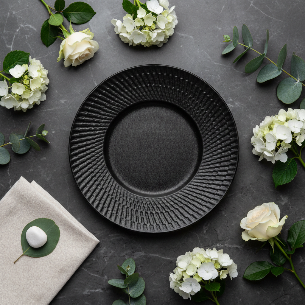 Black Ceramic Round Charger Plate with Embossed Radial Rim – 8.5 Inch