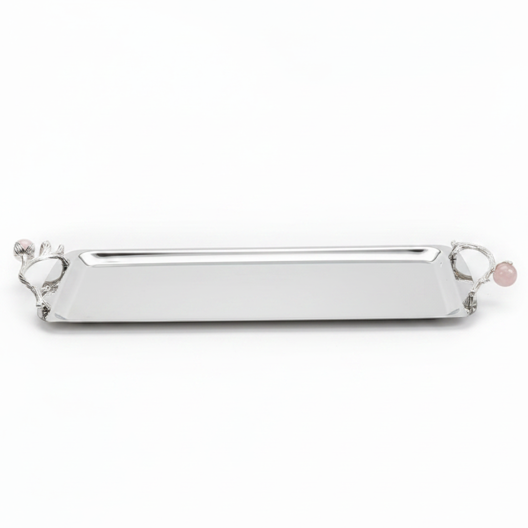 Silver Stainless Steel Rectangle Cake & Serving Tray with Ornate Floral Handles & Rose Quartz Accent – 35×12cm / 45×12cm