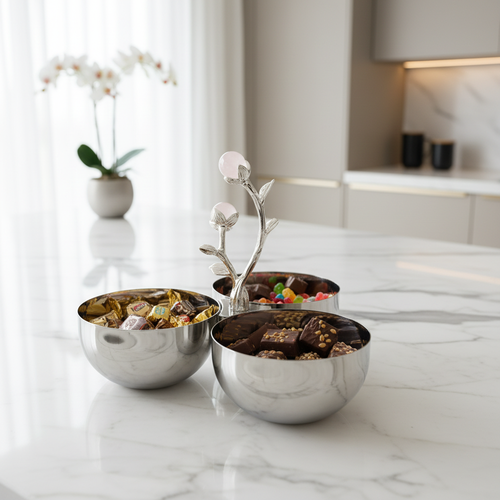 Silver Stainless Steel 3-Part Candy & Nuts Serving Bowl Set with Decorative Rose Stem Handle | 10×10 cm |