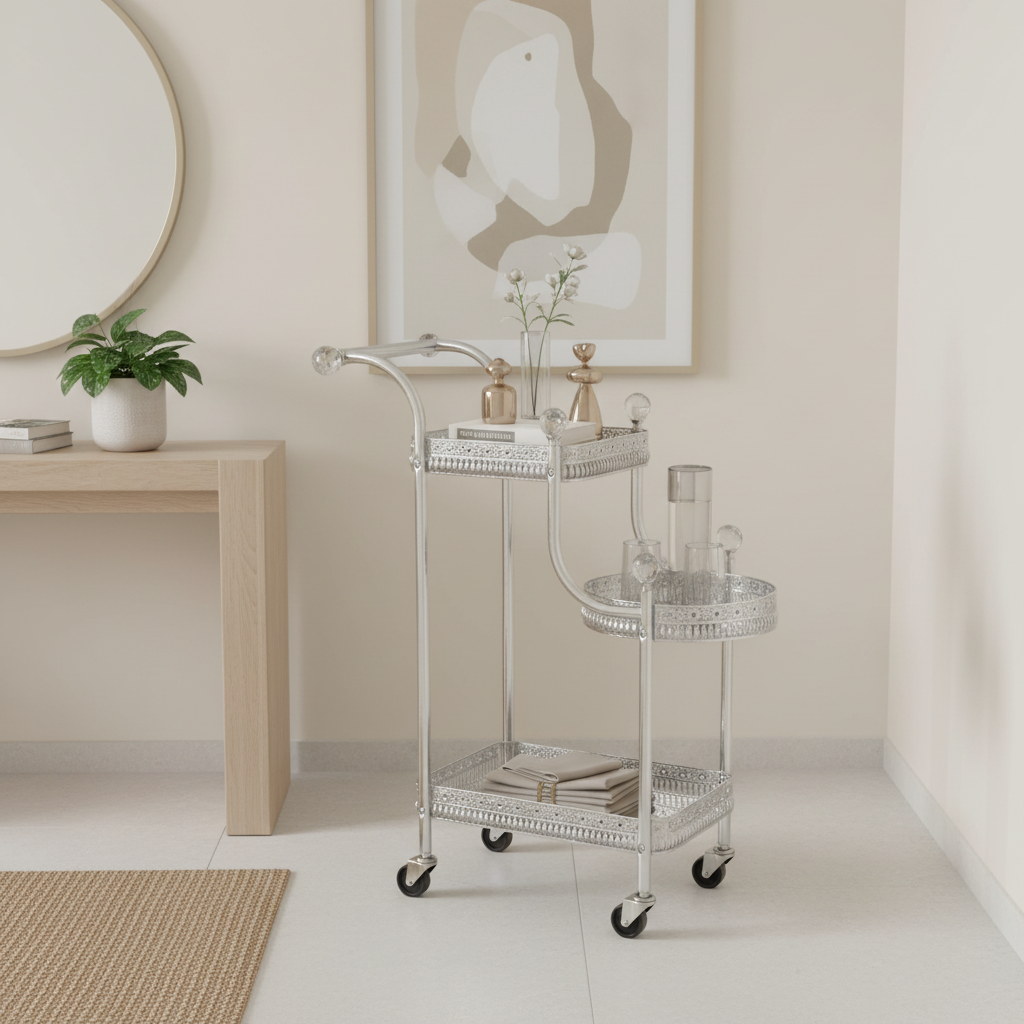 Pilsco 3-Tier Silver Chrome Metal & Glass Serving Trolley Cart with Ornate Filigree Design, Crystal Knob Accents & Rolling Casters | 67cm x 40cm x 30cm |