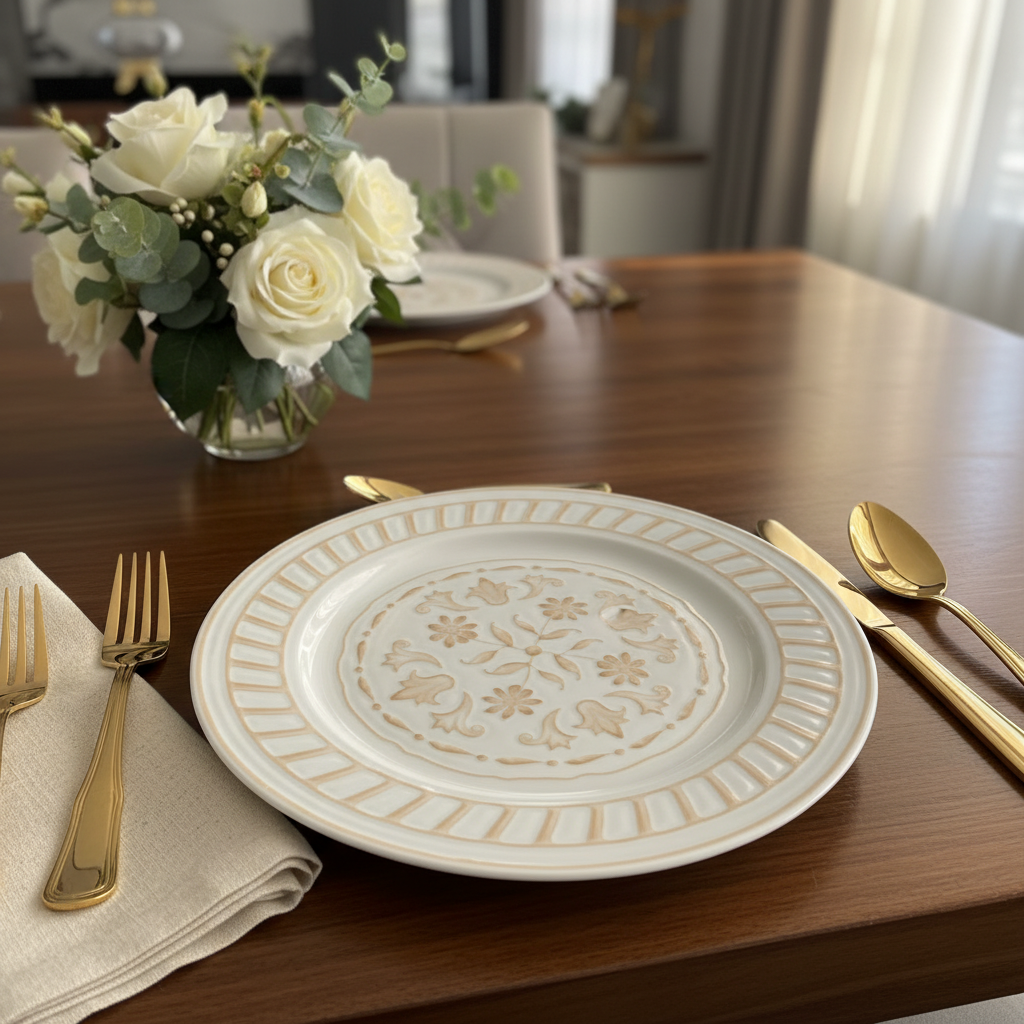 Luhpar White & Gold Round Ceramic Serving Plate - 12 Inch