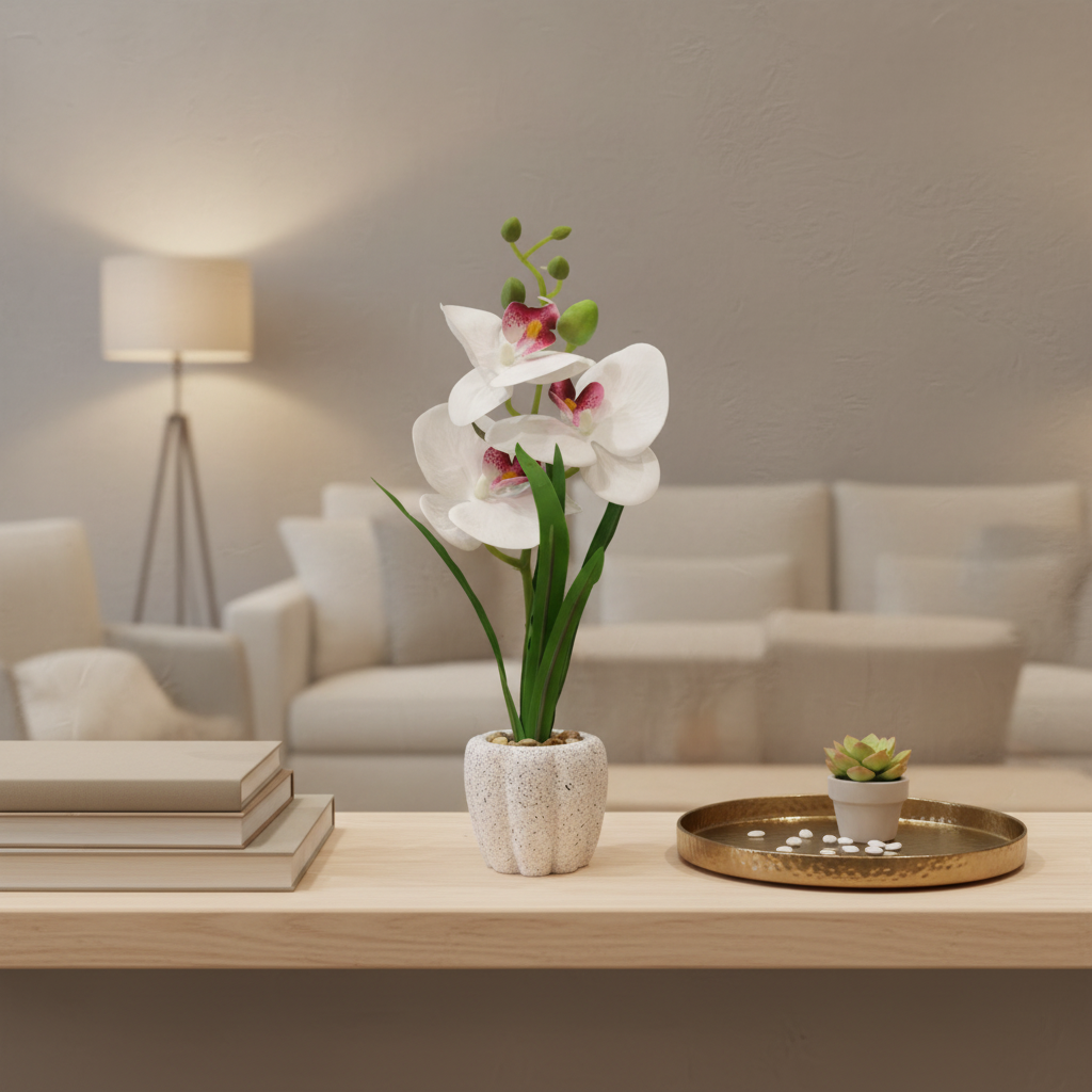 Artificial White Orchid Plant in Chalk Speckled Pot - 35cm