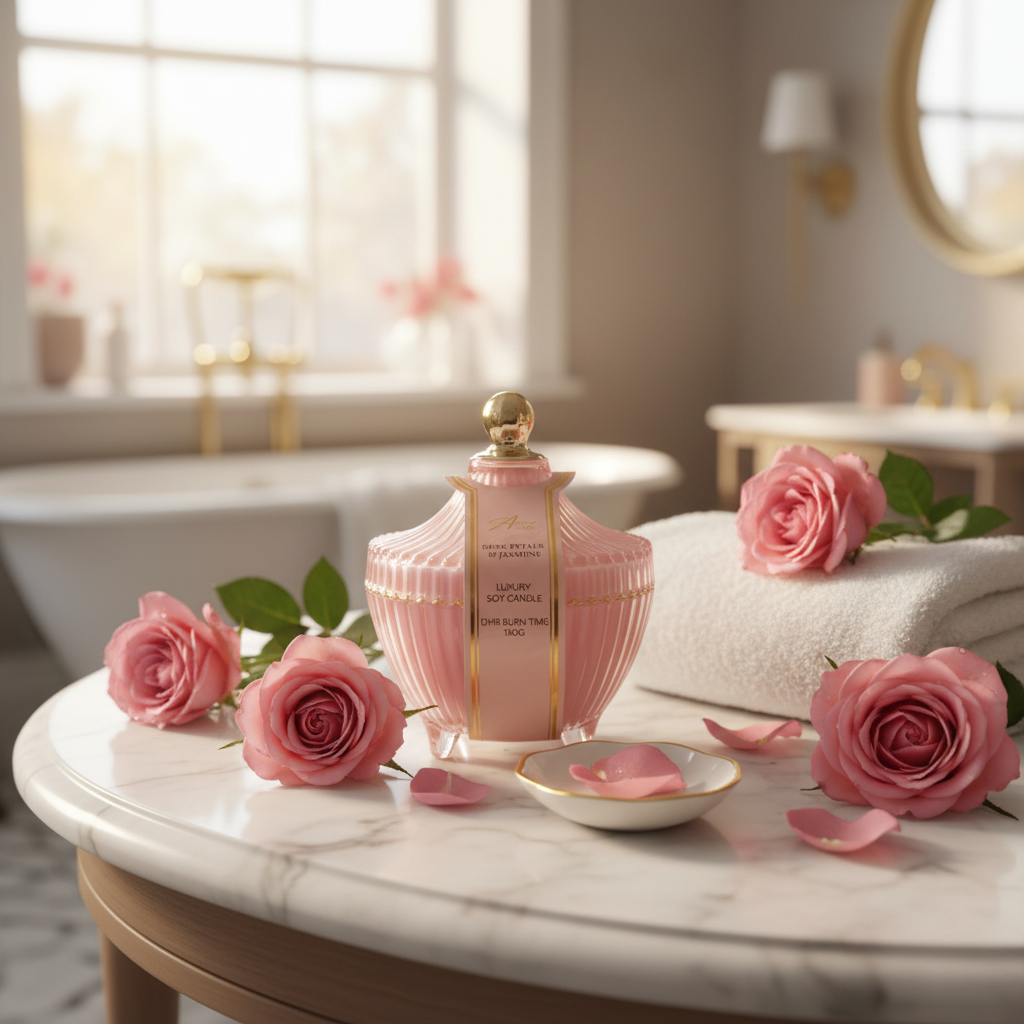 AURA+CO Luxury Scented Candle | Glass Jar with Lid | 12-Hour Burn Time | 10×10cm | Rose Petals & Jasmine / French Vanilla