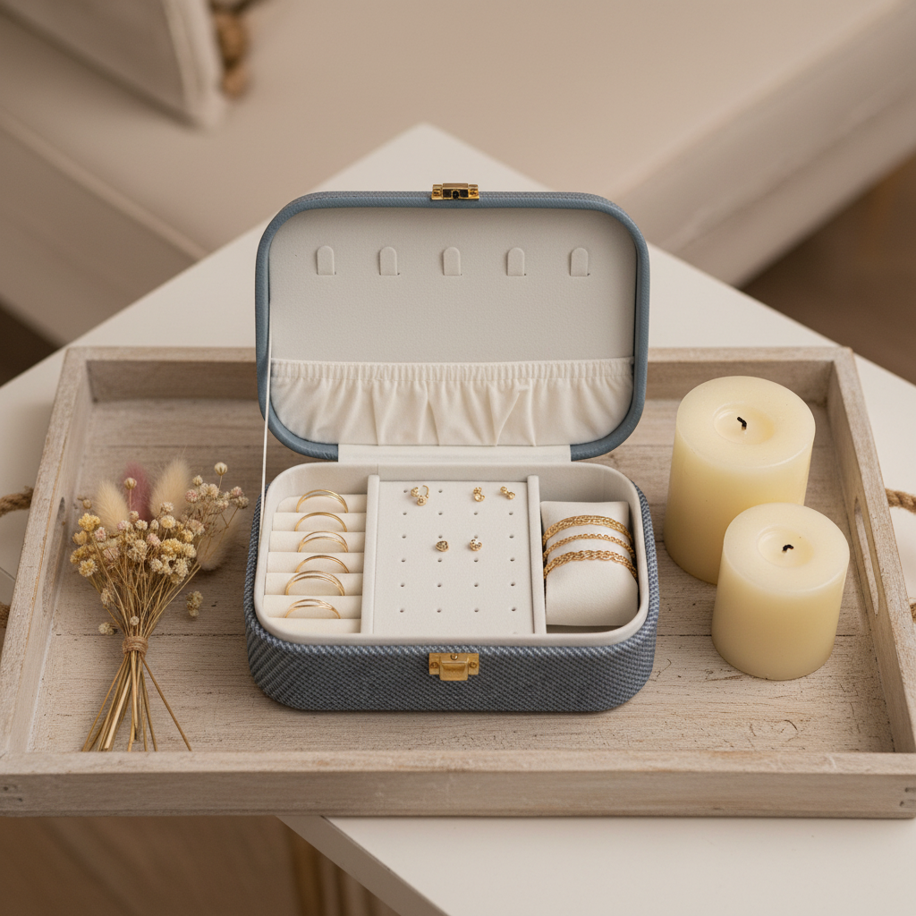 Rectangle Rexin Jewellery Box - 20×14×7cm - Grey / Pink / Cream