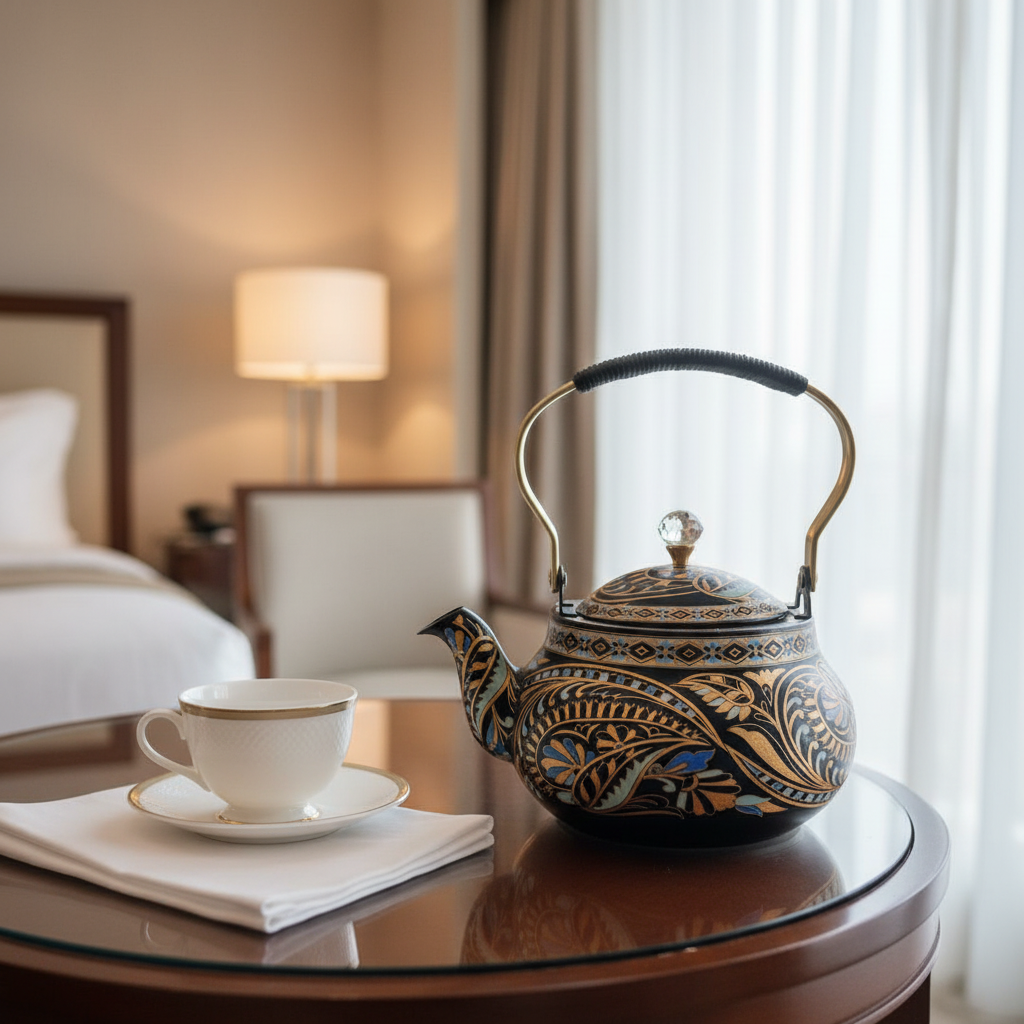 Black & Gold Ornate Metal Tea Kettle 1.5L | Elegant Crystal Knob Lid | Luxury Arabic Hospitality Teapot with Floral Paisley Design