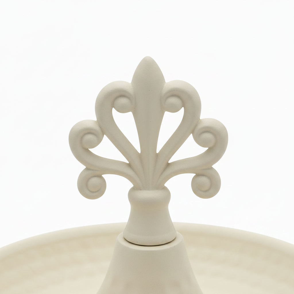 Cream Round Metal Serving Tray with Ornate Finial - 15×13 cm