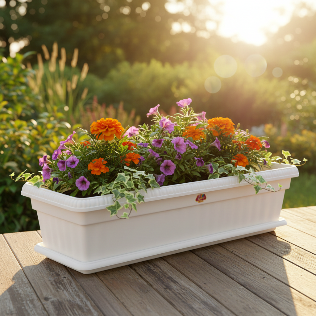 Family Plastic Winny Rectangular Planter Pot with Tray - 60×20 cm - White / Brown