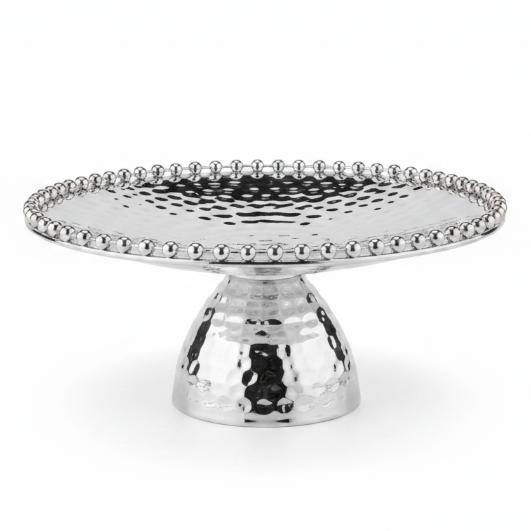 Silver Metal Footed Round Candy Tray | Hammered Finish with Beaded Edge | Elegant Serving Pedestal Stand |