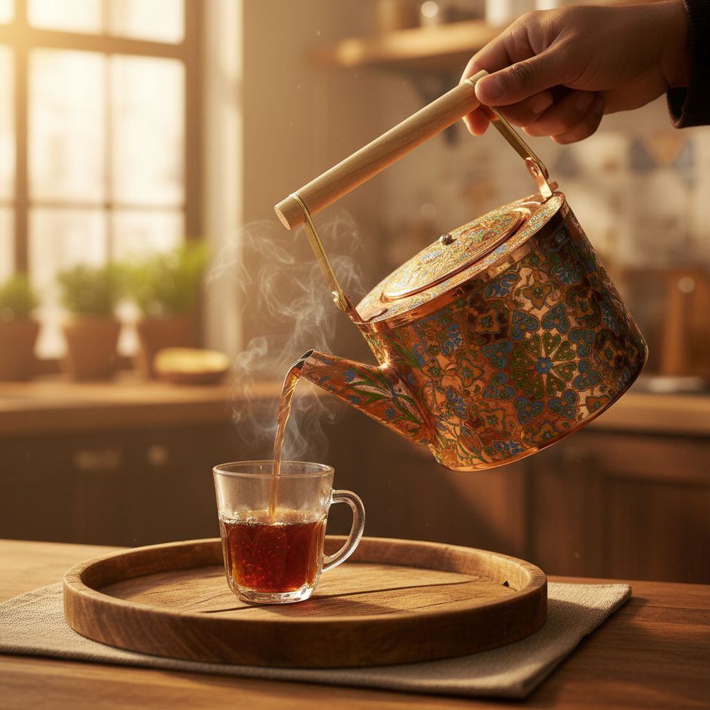 Handcrafted Copper & Blue Metal Tea Kettle with Wooden Handle – 1.5 Litre | Traditional Floral Art Design | Stovetop & Decorative Use
