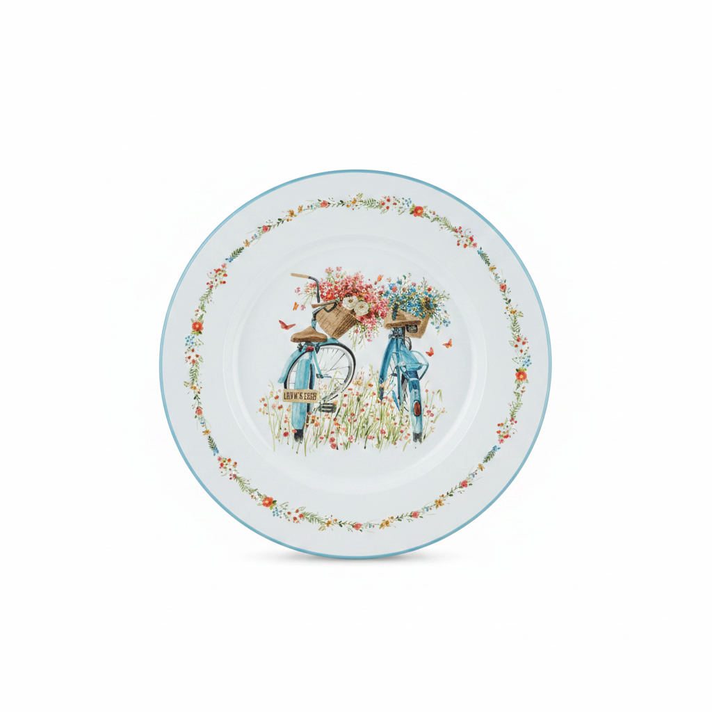 White Round Enamel Tray – Bicycle Garden Print - 35cm