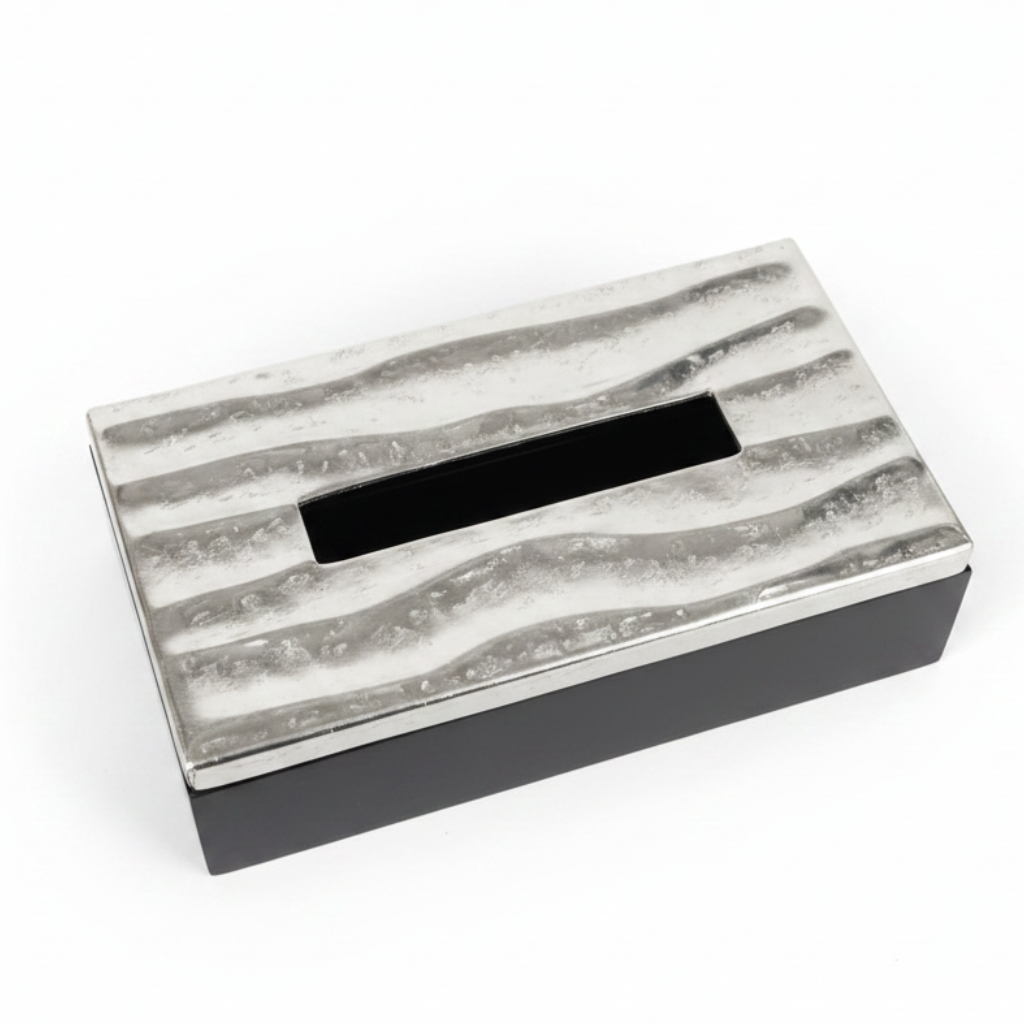 Luhpar Wave Textured Aluminum Tissue Box with Wooden Base - 23×13×7 cm