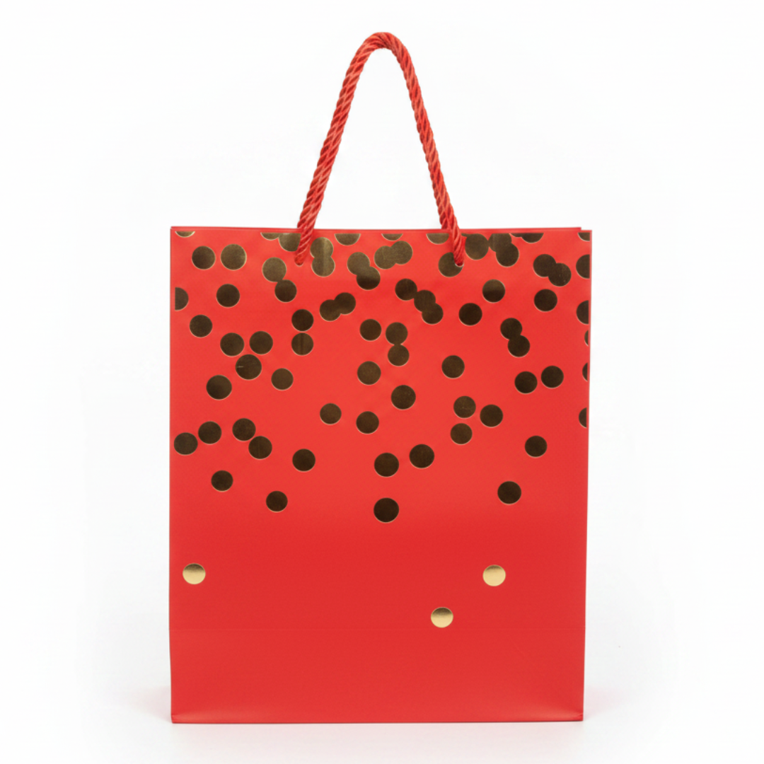 Yina Red & Gold Foil Polka Dot Paper Gift Bag | Premium Luxury Gifting Bag with Rope Handles | 40×30cm |