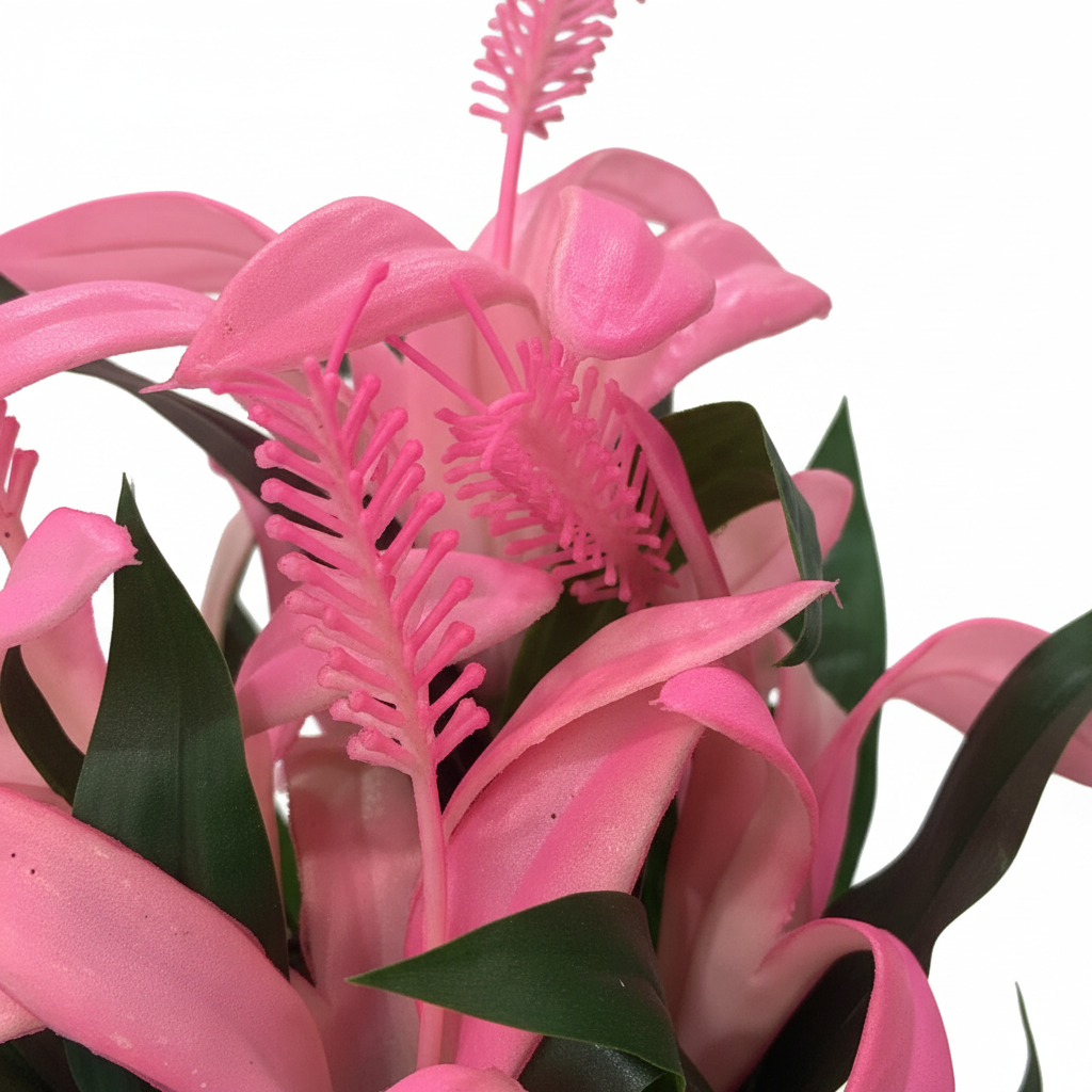 Marcolo Artificial Bromeliad Bonsai Plant with Black Plastic Pot - 28cm - Pink / Purple
