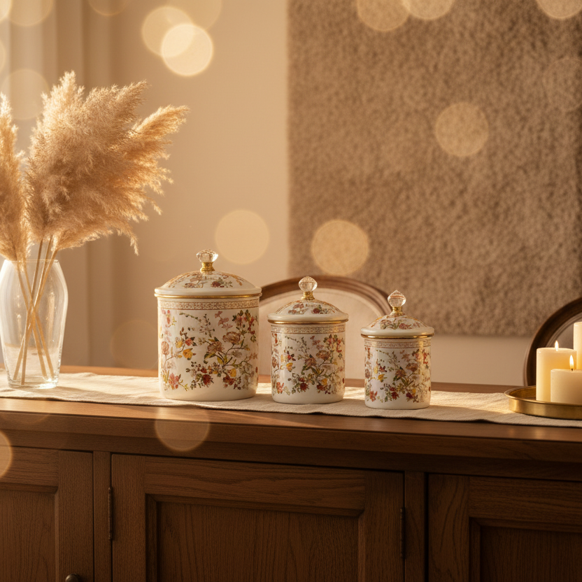 Cream Floral Enamel Canister With Lid Set of 3 - 11cm / 13 cm / 15cm